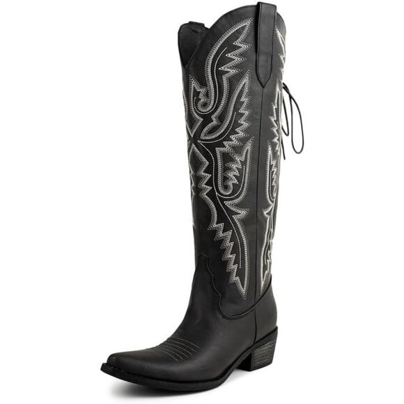 ⚡Women's Black Knee High Wide Calf Lace Up Embroidered Cowgirl Boots Pull On - Picture 2 of 7